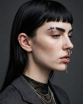 Alternative Woman With Multiple Facial Piercings and Dark Makeup