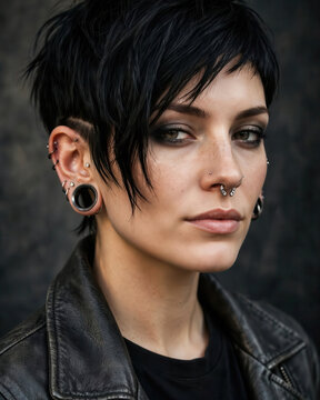 Alternative Woman With Stretched Earlobes and Black Titanium Tunnels