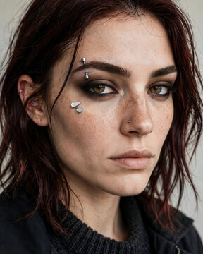 Alternative Woman With Horizontal Eyebrow and Anti Eyebrow Piercings