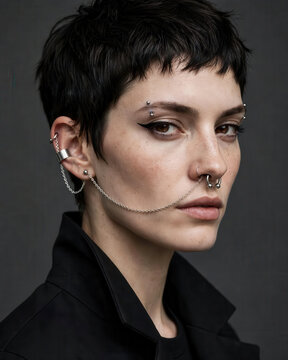 Alternative Woman With Connected Nose and Ear Piercing Chains