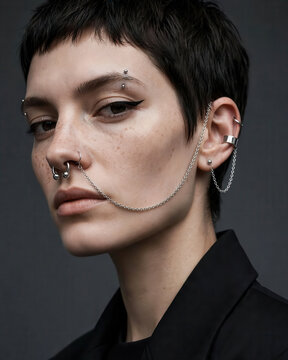 Alternative Woman With Connected Nose and Ear Piercing Chains