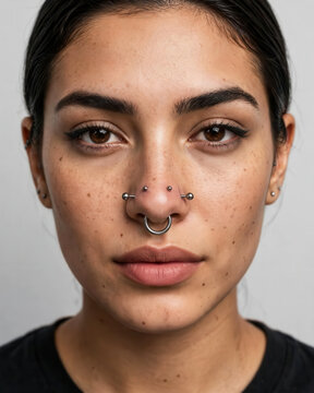 Alternative Beauty Close Up With Septum and High Nostril Piercings