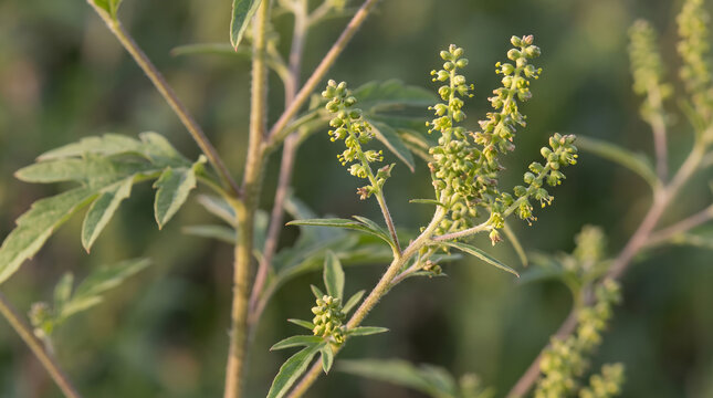 Close up of ambrosia trifida giant ragweed plant blooming with pollen flowers in meadow during spring season