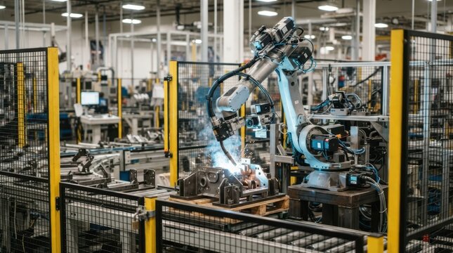Industrial robot arm welding in a high throughput assembly cell with vision camera, servo motors, fencing, and conveyor modules