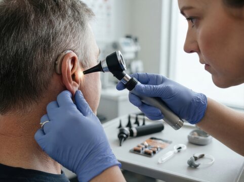 ear examination otoscope closeup Doctor examining man's ear with otoscope in medical clinic setting