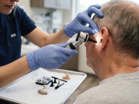 ear examination otoscope closeup Doctor examining senior man's ear with otoscope in medical office setting