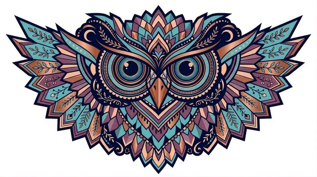 Intricate owl face mandala illustration with geometric tribal patterns and spread wings