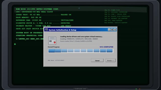 Retro computer screen showing vintage bios boot and system installation