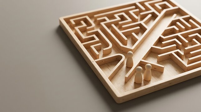 Three wooden peg dolls standing inside a complex wooden maze game puzzle on a neutral gray background surface