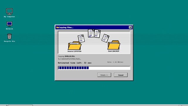 Retro operating system interface showing a file transfer dialog box copying documents between folders on a vintage computer desktop