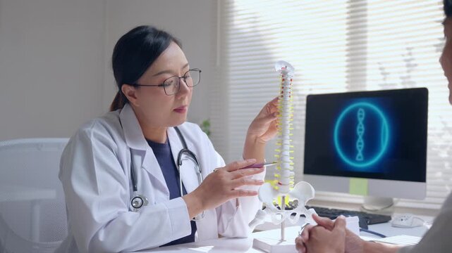 Orthopedic doctor explaining spinal anatomy to patient using vertebral column model in hospital office