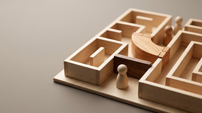 Top view of wooden peg dolls exploring a complex miniature architectural floor plan maze on neutral surface