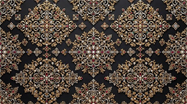 Luxurious seamless pattern with gold and gem rococo elements on a black background.