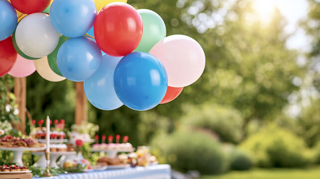 Colorful balloon arch decorating an outdoor garden celebration with a festive dessert table