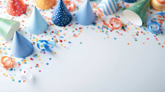 Colorful party hats, confetti, and ribbons arranged for a festive birthday celebration or event background