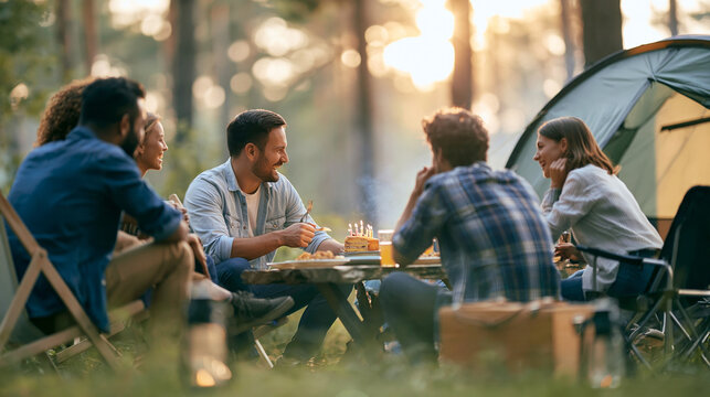 Friends celebrating birthday party outdoors, camping in forest with cake and drinks at golden hour