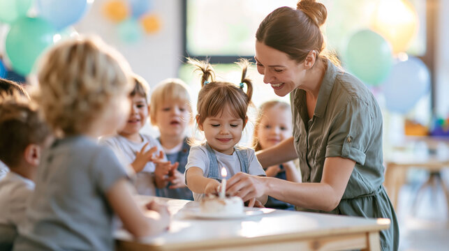Little girl celebrating birthday with teacher and classmates, blowing out candle on cake during joyful party