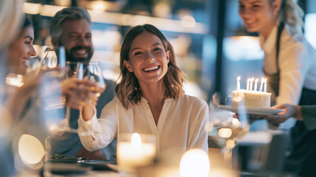 Woman celebrating birthday with friends at restaurant, server bringing cake with lit candles, enjoying dinner party