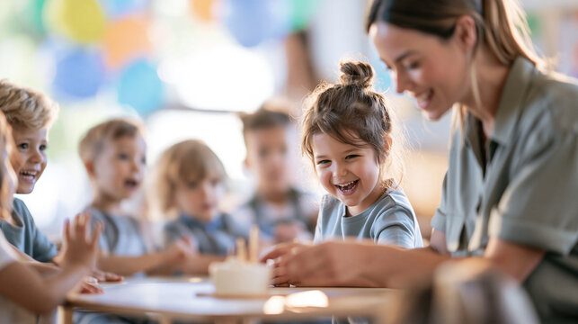 Young girl laughing at her birthday celebration in a daycare with happy children and teacher