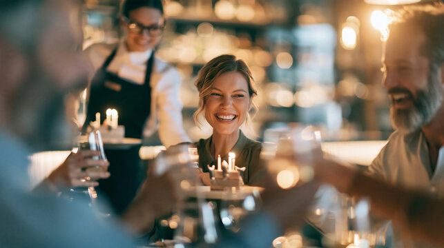 Woman smiling at a birthday dinner, celebrating a special occasion with friends in a restaurant