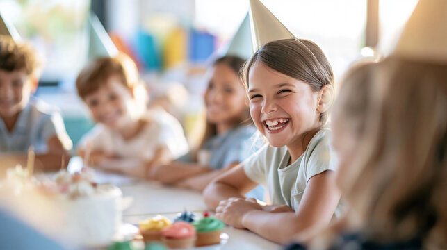 Smiling girl celebrating her birthday with friends, enjoying a fun party moment with cake and treats