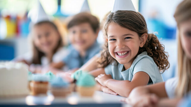 Happy girl smiling at birthday party in classroom, celebrating special day with friends, sharing joy and fun