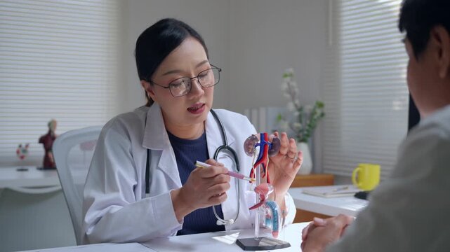 Asian female urologist explaining the human urinary system to a patient with an anatomical kidney and bladder model