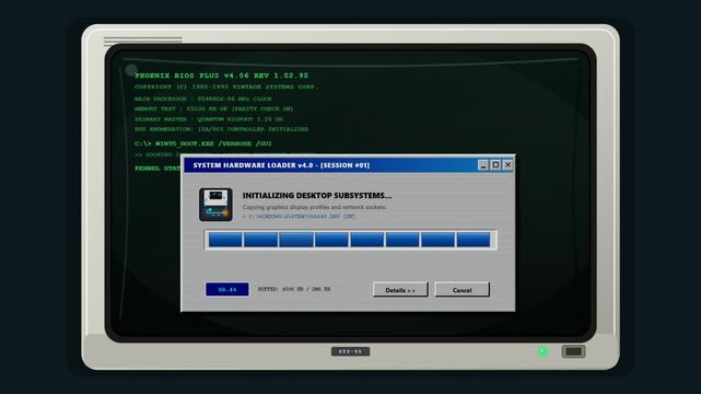 Vintage computer monitor displaying retro operating system loading screen
