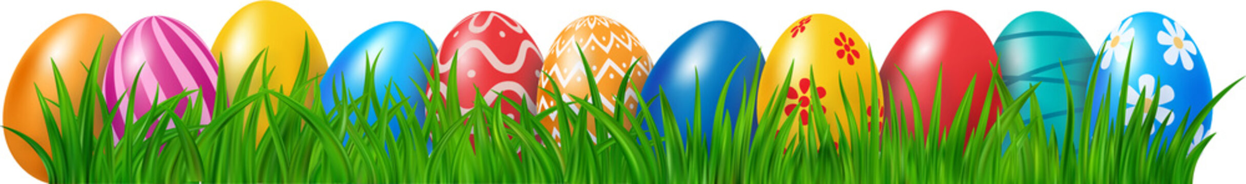 easter eggs on meadow green grass