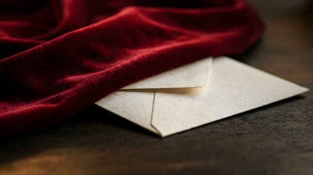 Blank paper envelope tucked under luxurious crimson red velvet fabric