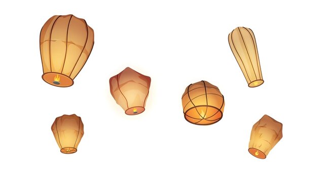 Set of floating sky lanterns vector illustration, glowing paper balloons with fire isolated on white background for design