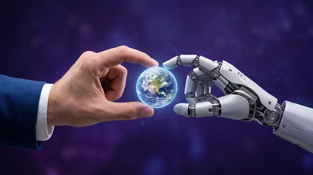 Human hand and robot arm touching small earth globe on purple