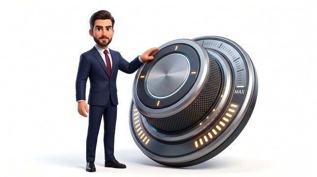 3D Businessman Mascot Turning Maximum Dial for Scaling Up