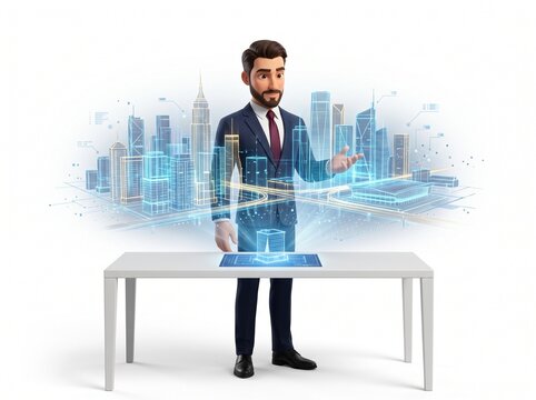 3D Businessman Mascot Expanding Blueprint into Huge Metropolis