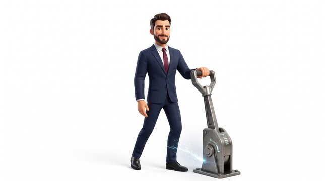 3D Businessman Mascot Pushing Industrial Lever to Maximum Capacity
