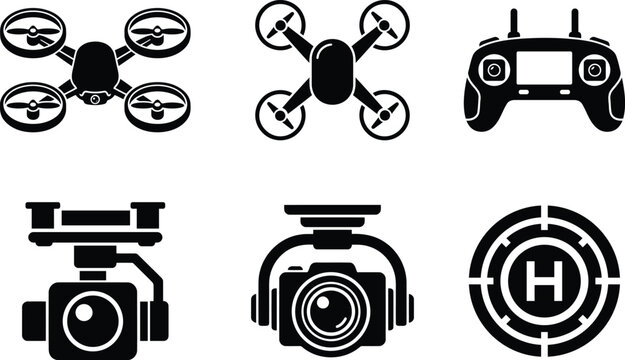 Black vector illustrations depicting drones remote controls and related aerial equipment drone quadcopter multirotor rotorcraft