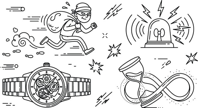 Thief running with money watch siren and hourglass doodle line art