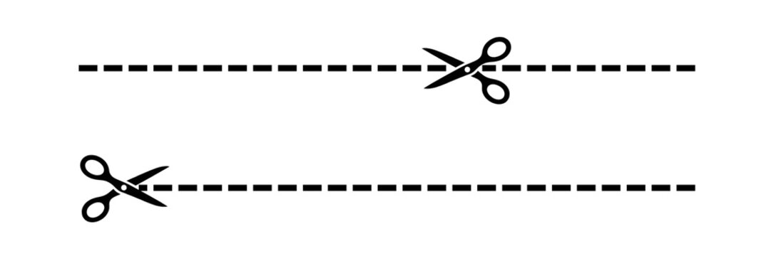 Black Scissors and Dashed Cut Lines Isolated on Transparent Background