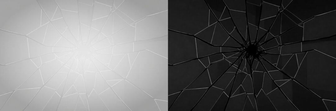 Radial shattered glass crack pattern with angular fractured lines on transparent background