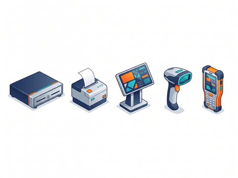pos system, retail equipment, point of sale, cash drawer, receipt printer, display terminal, barcode scanner, handheld terminal, retail management, store equipment, vector, set, illustration, professi