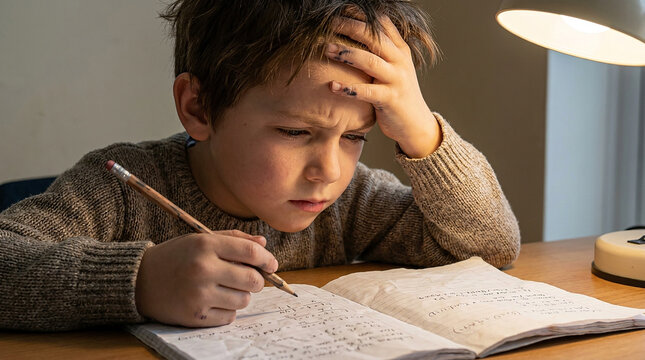 Stressed young boy struggling with homework at a desk with a lamp