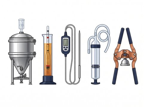 Set of brewing and fermentation equipment fermentation tank hydrometer digital thermometer siphon bottle capper vector illustration
