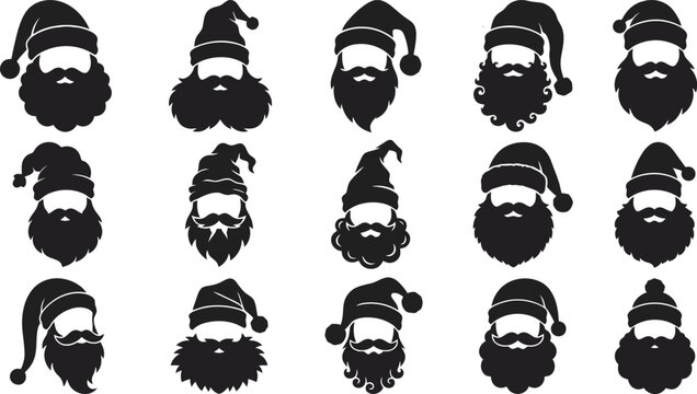 Collection of santa claus head silhouettes in black and white featuring various hat styles, beard shapes, and mustaches for christmas holiday
