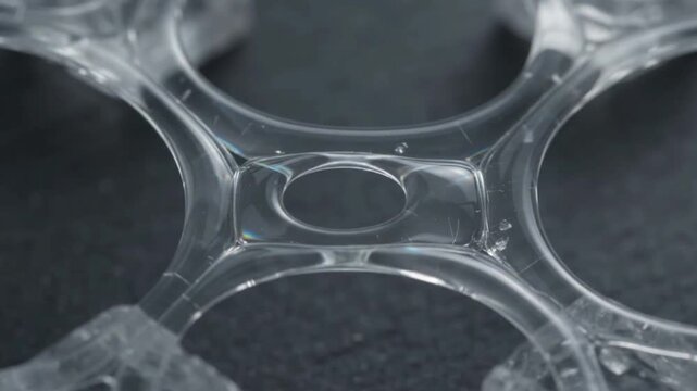 Minimalist scientific visualization of salt crystal hygroscopic condensation showing subtle liquid meniscus oscillation around geometric facets in seamless infinite loop.