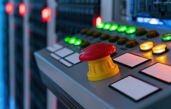 Emergency stop button on industrial control panel for AI oversight