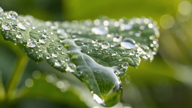 Fresh leaf beads with moisture as green leaf holds sparkling water droplets in macro nature style, and larger droplet spreads across leaf before falling away, while smaller drops glisten nearby.
