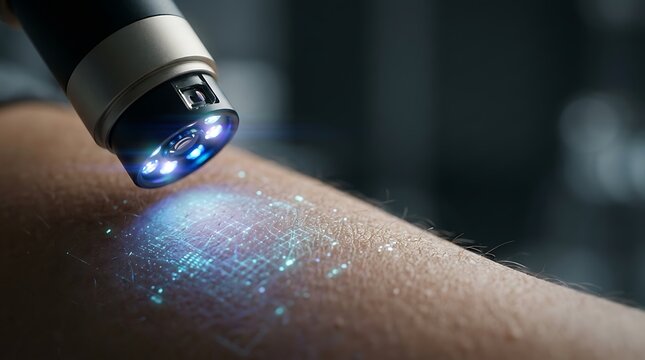 Digital scanner analyzing skin texture with futuristic holographic data.