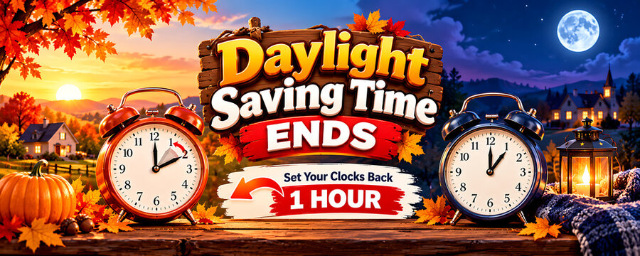Daylight saving time ends sign with clocks and autumn leaves isolated on a transparent background