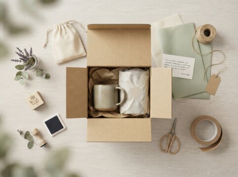 handmade small business unboxing packaging flat lay Eco-friendly gift box with ceramic mug and natural packaging materials