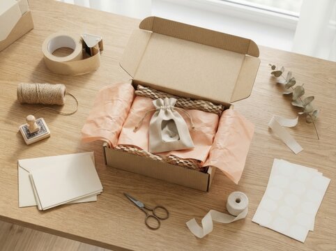 handmade small business unboxing packaging flat lay Flat lay of eco-friendly gift packaging with box, scissors, and wrapping materials